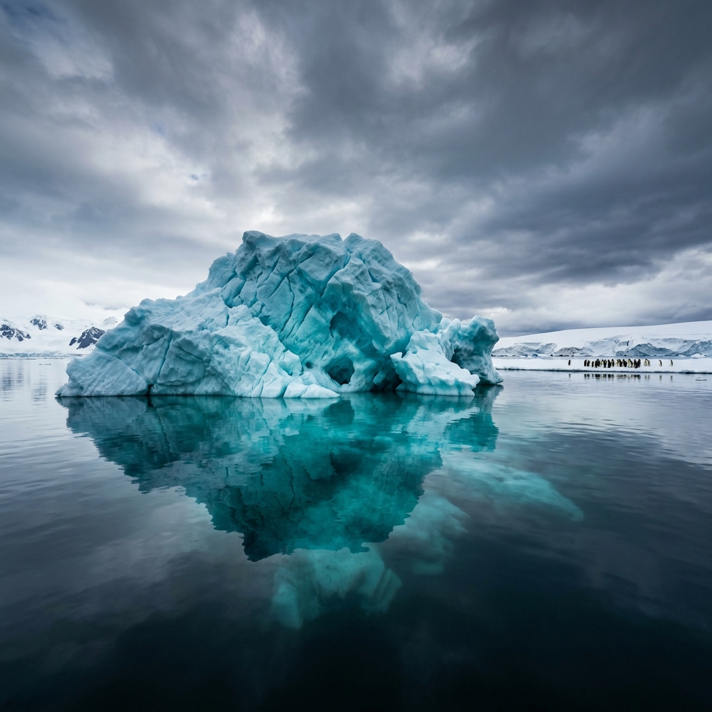 Massive turquoise iceberg floating in Antarctica's still dark waters