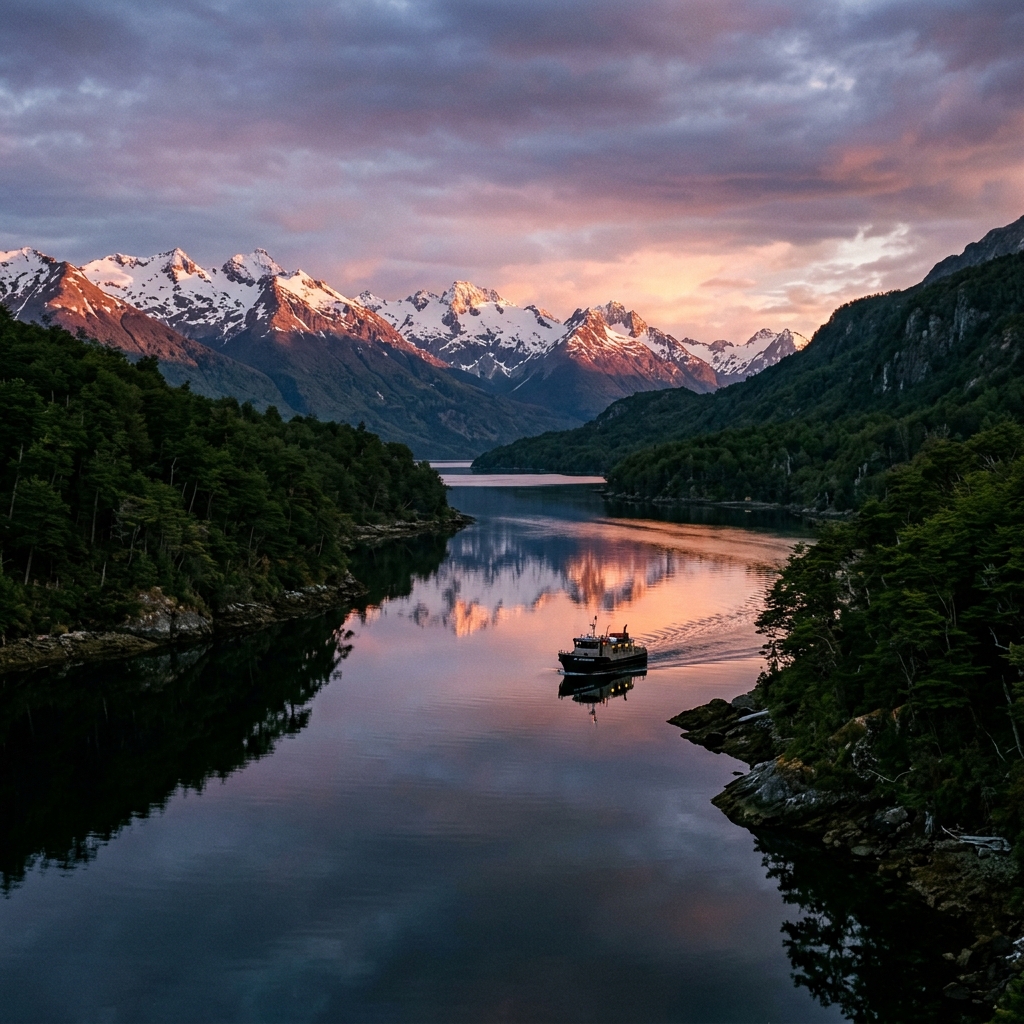 Beagle Channel at dusk with snow-capped Andes reflections