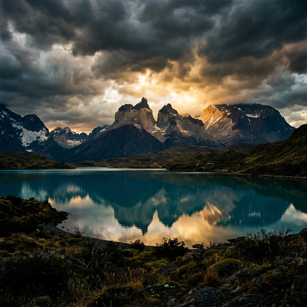 Dramatic Patagonian landscape at golden hour, Torres del Paine peaks and turquoise lake