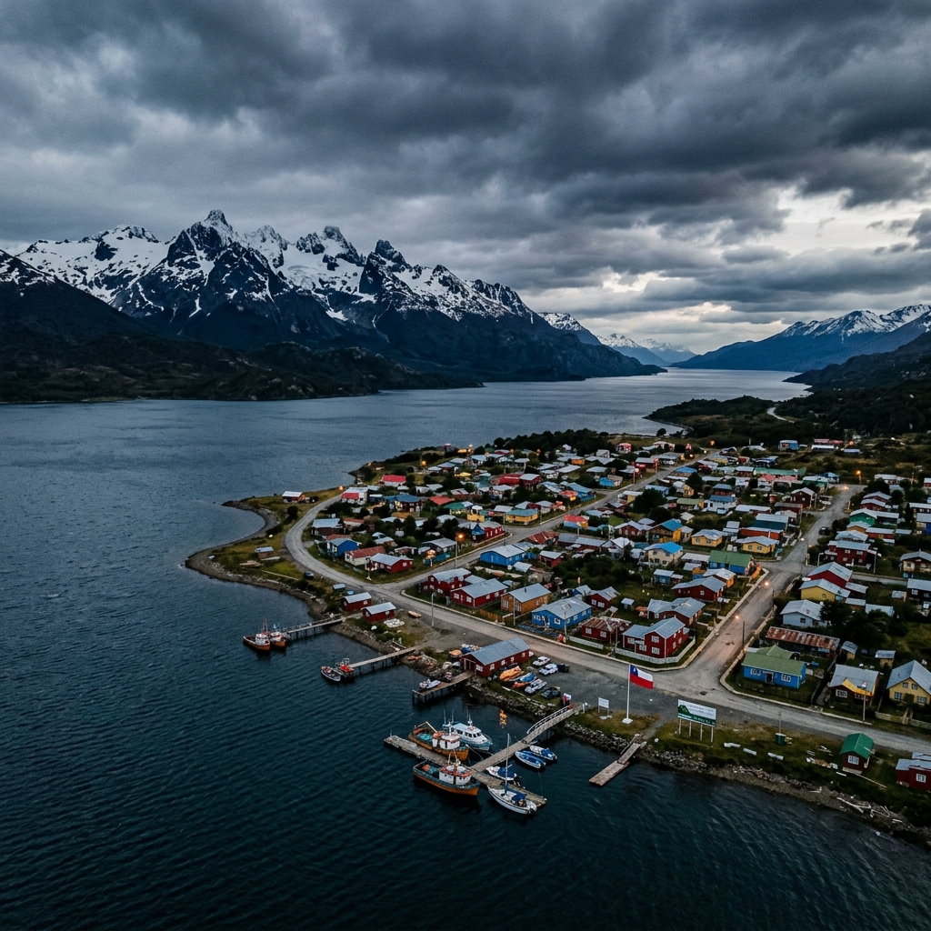 Puerto Williams town nestled between mountains and the Beagle Channel