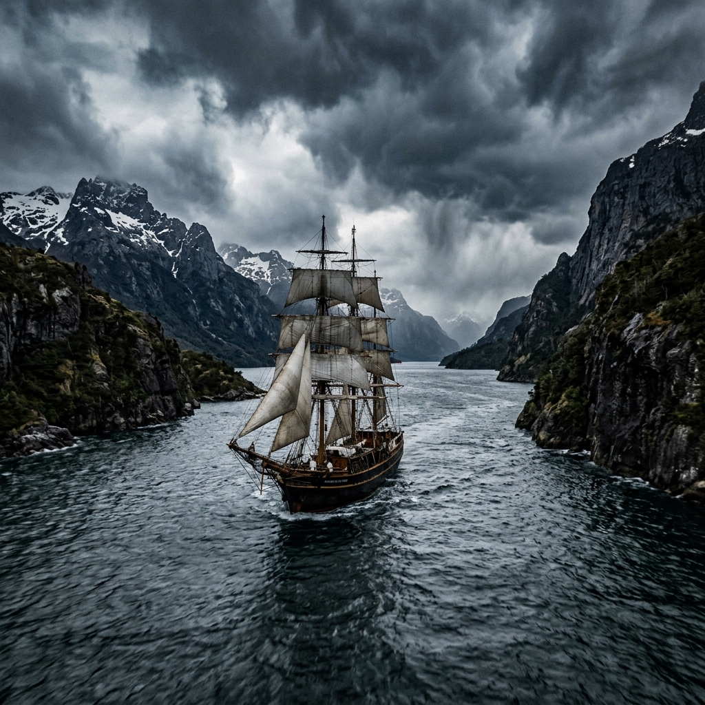 Tall ship sailing the historic Strait of Magellan in stormy conditions