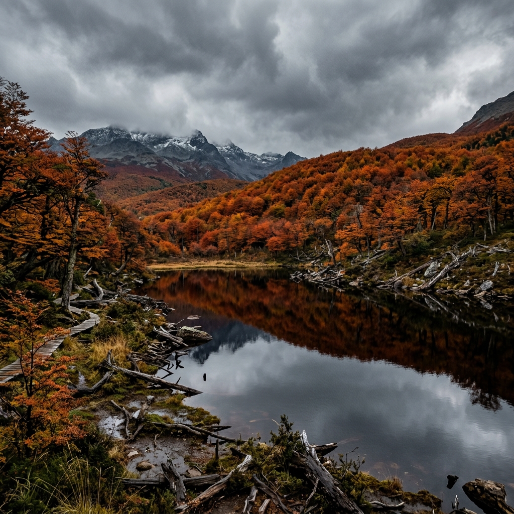 Autumnal Tierra del Fuego forest reflecting in a peat bog lake